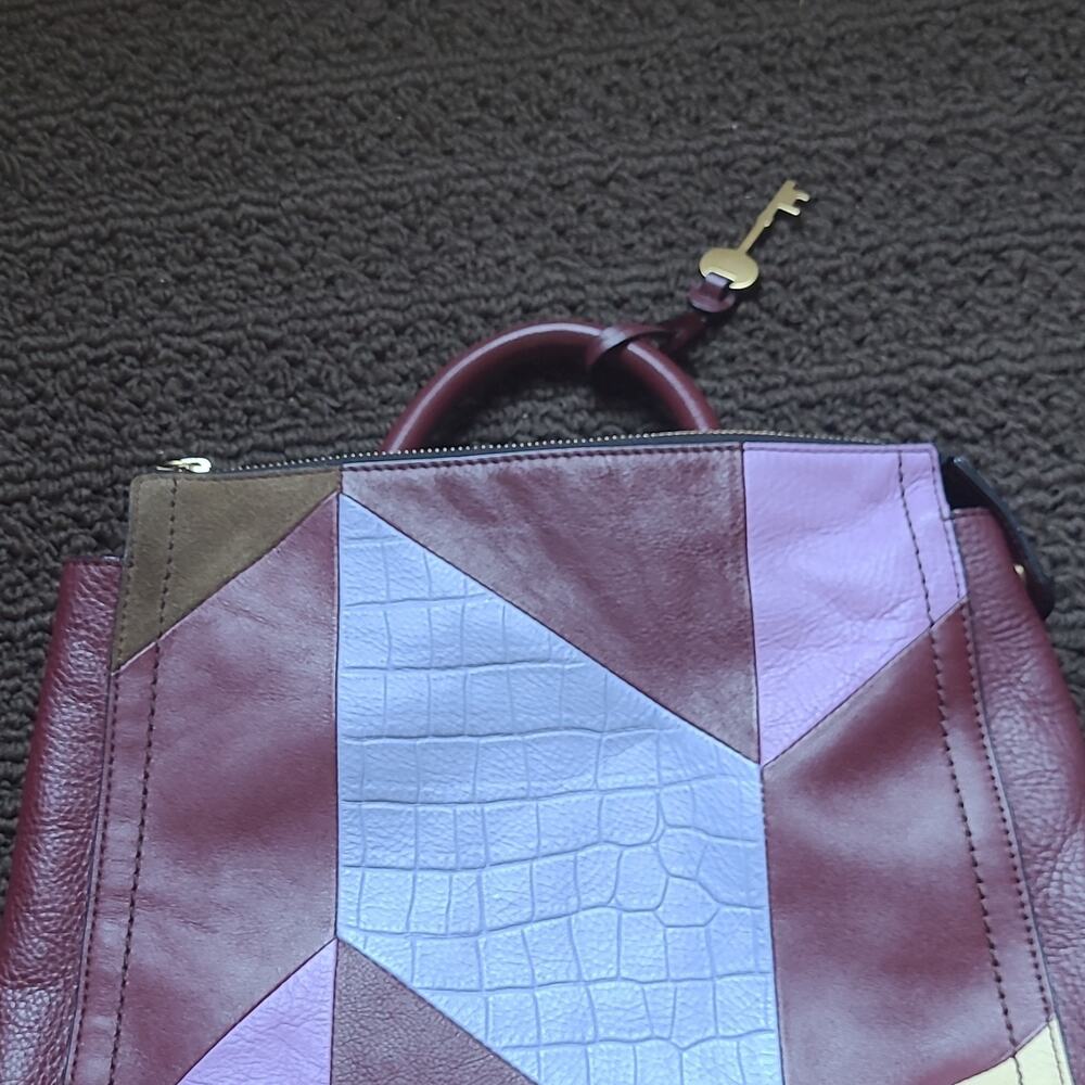 Fossil Burgundy Purple Colorblock Satchel Top Handle Zip Medium Gold Key